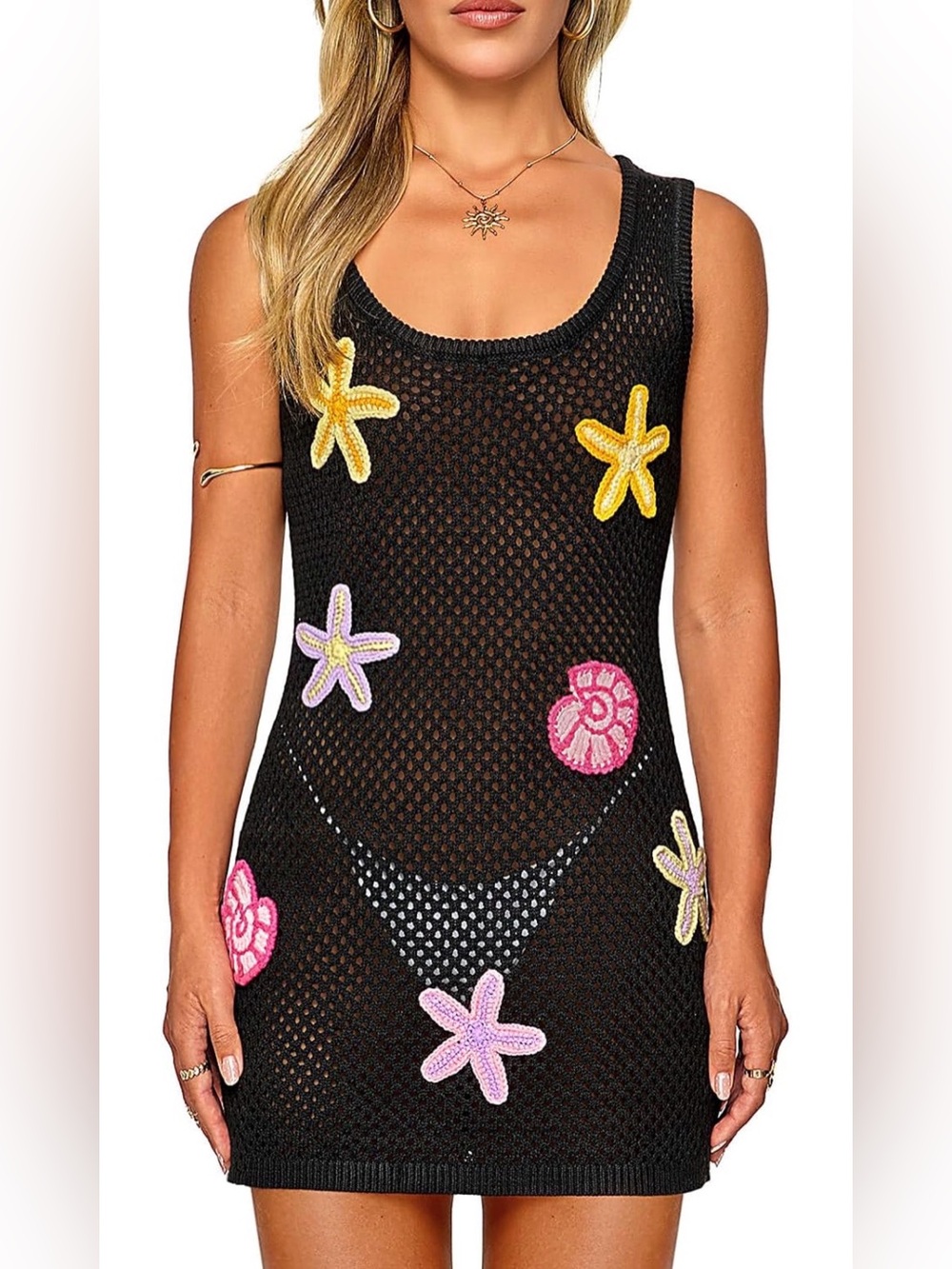 Black Crochet Beach Cover-Up One-Piece with Floral Appliqués